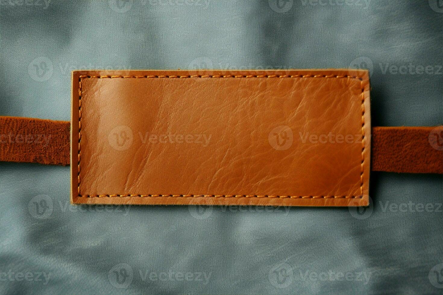Subtle elegance Brown leather label contrasts against gray textile backdrop AI Generated photo