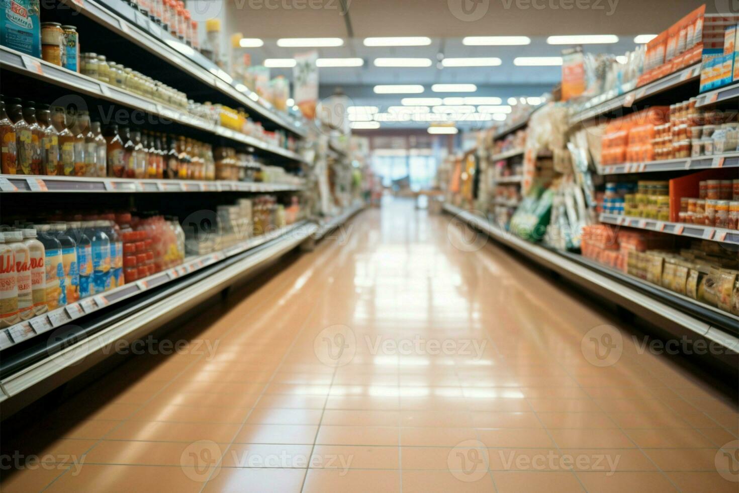 Supermarket aisle interior, providing a hazy and bustling shopping backdrop AI Generated photo