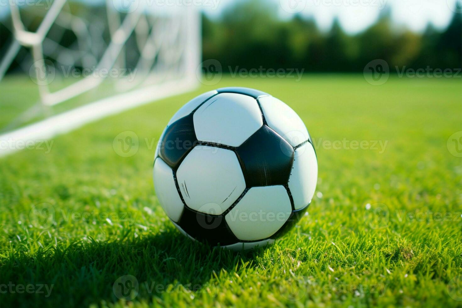 Soccer ball on a pristine field, ready for thrilling action AI Generated photo