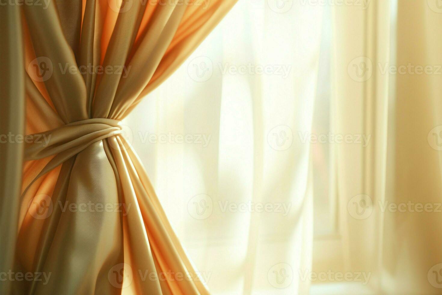 Sunlights caress on a curtain, framed by the inviting window AI Generated photo