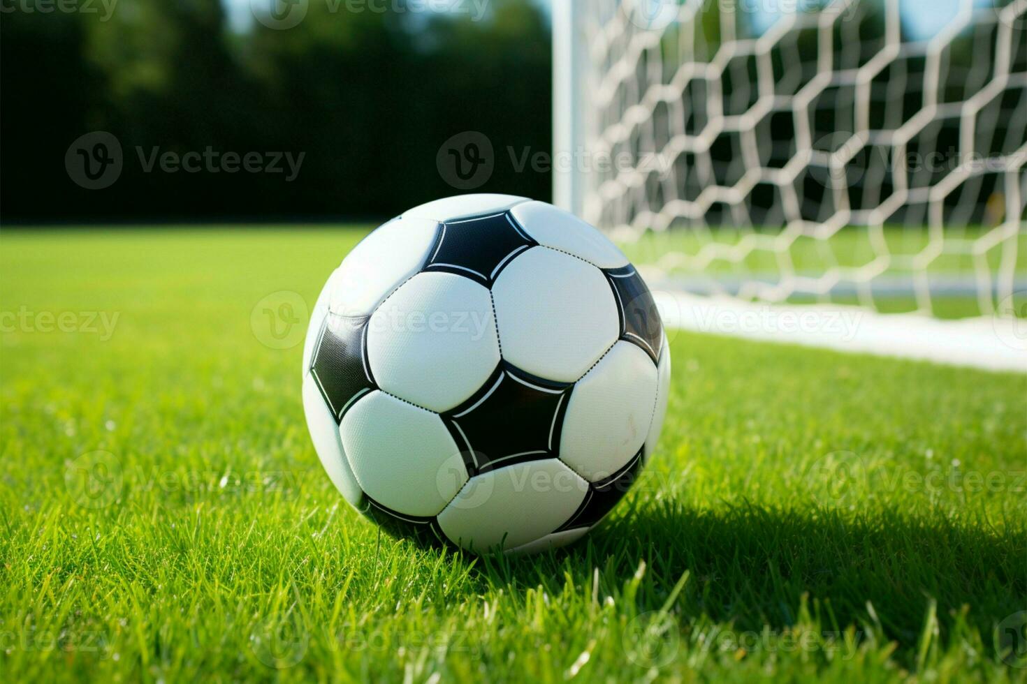 Soccer ball positioned on a well maintained, grassy playing field AI Generated photo