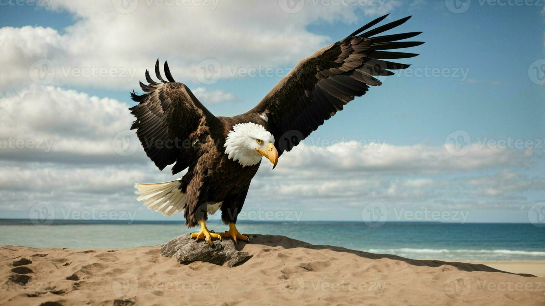 A beautiful summer day with blue sky and a lone Steller's sea eagle over the beach AI Generative photo