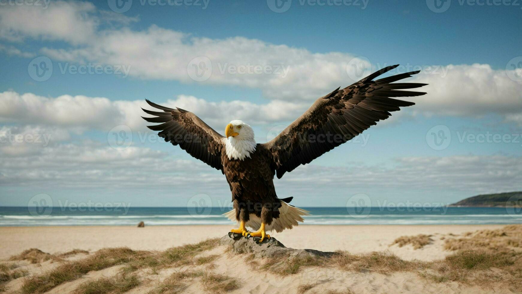 un hermosa verano día con azul cielo y un solitario de Steller mar águila terminado el playa ai generativo foto