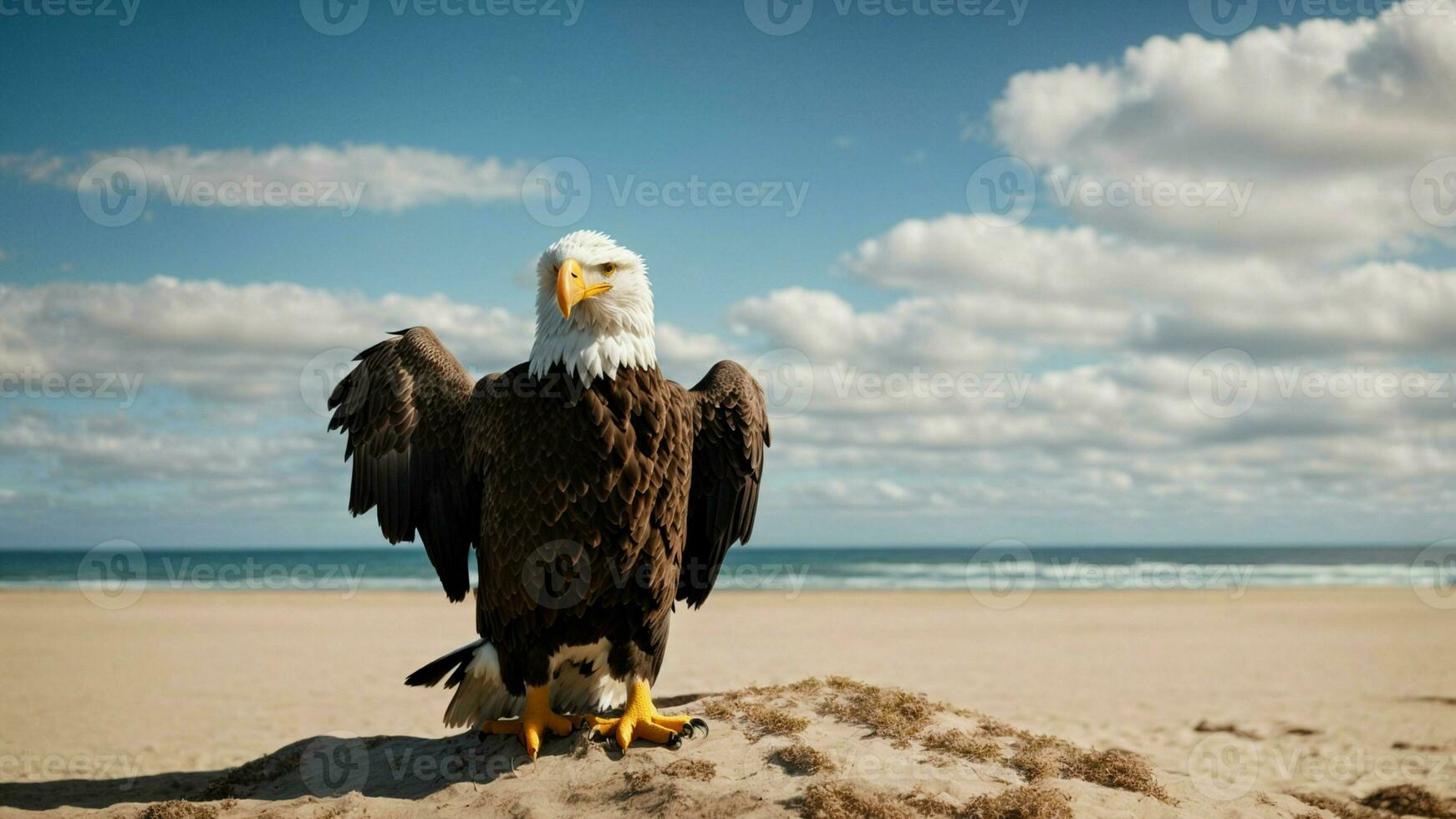 A beautiful summer day with blue sky and a lone Steller's sea eagle over the beach AI Generative photo