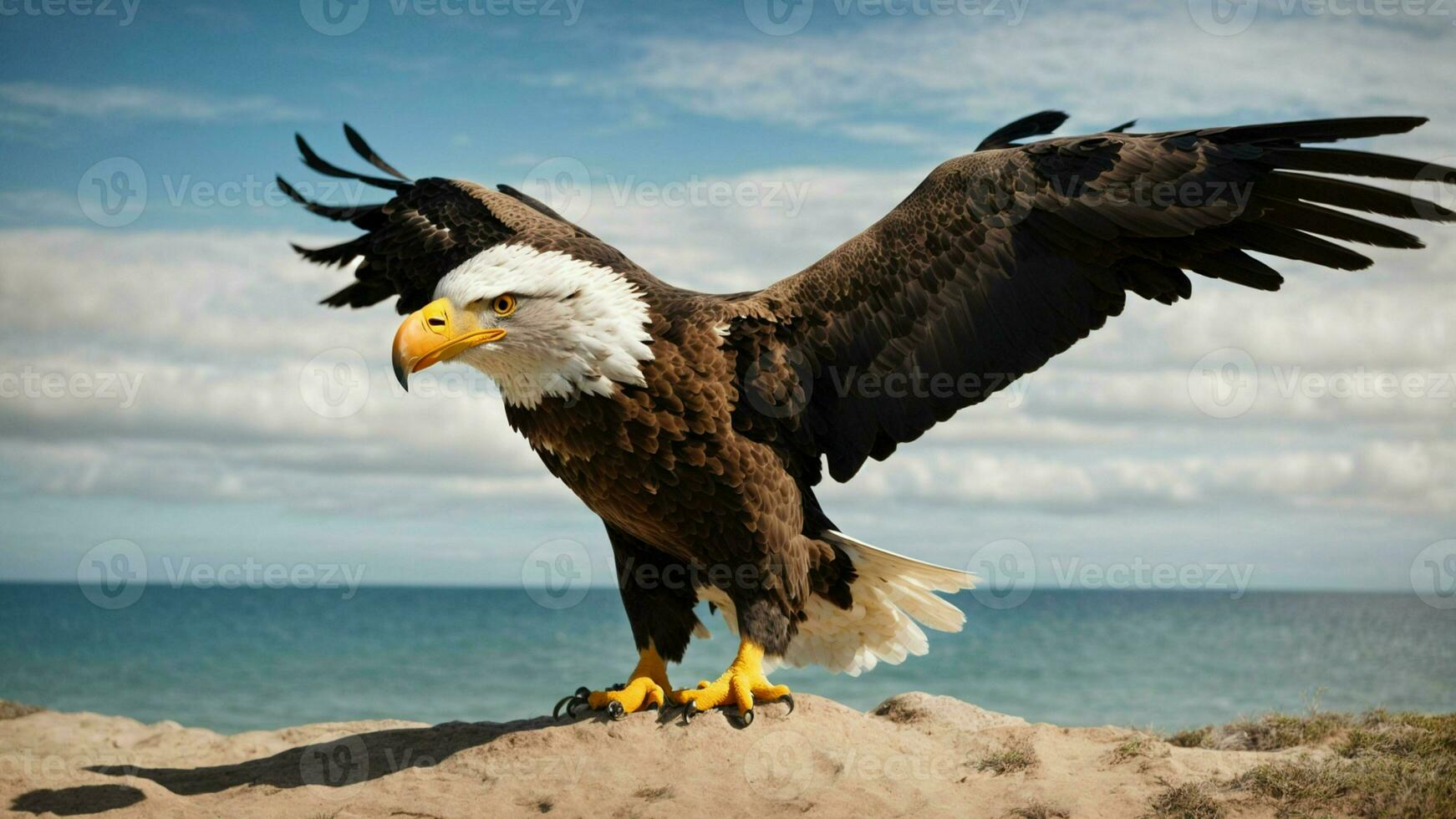 A beautiful summer day with blue sky and a lone Steller's sea eagle over the beach AI Generative photo