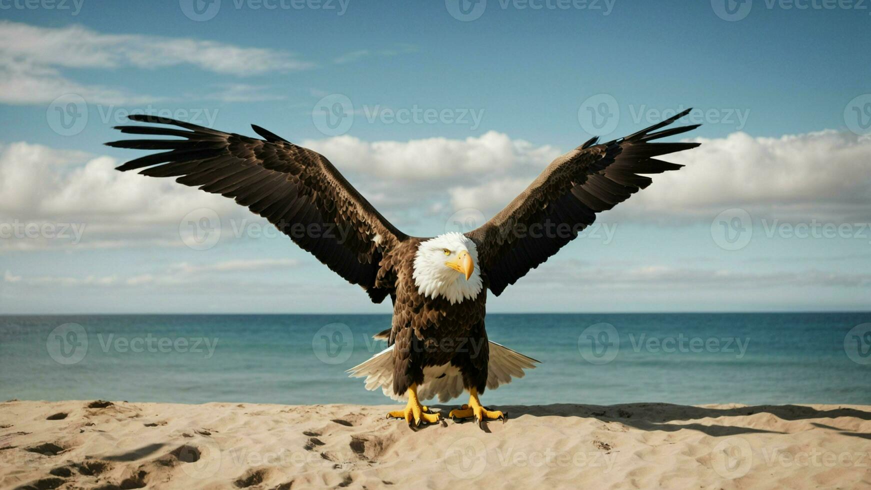 A beautiful summer day with blue sky and a lone Steller's sea eagle over the beach AI Generative photo