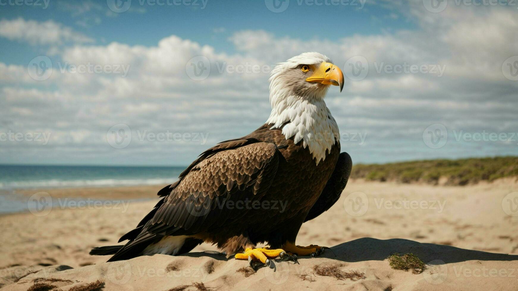 A beautiful summer day with blue sky and a lone Steller's sea eagle over the beach AI Generative photo