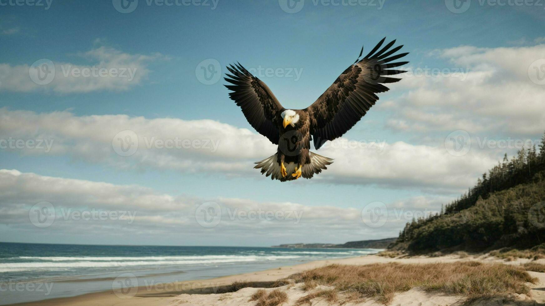 un hermosa verano día con azul cielo y un solitario de Steller mar águila terminado el playa ai generativo foto