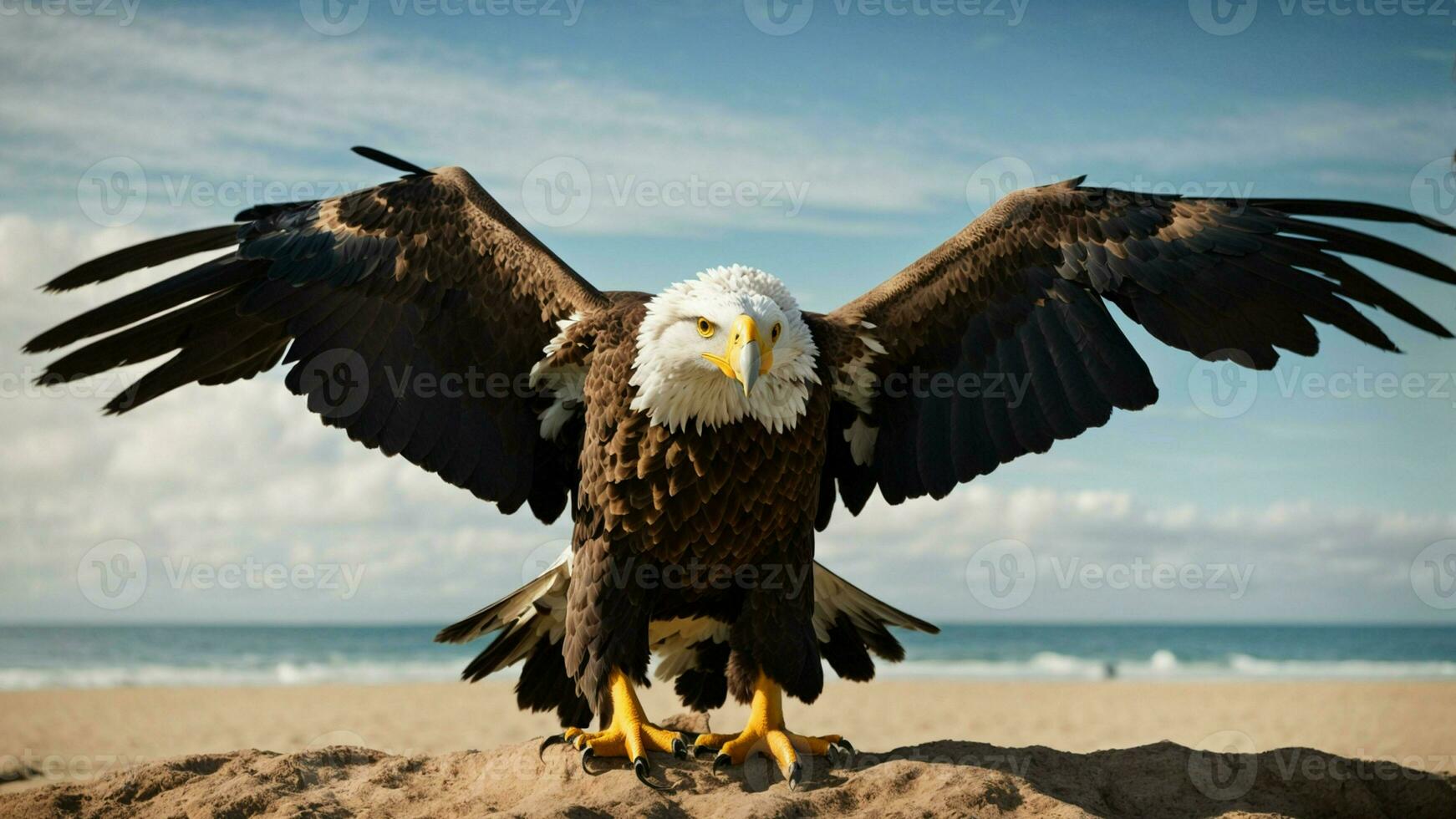 A beautiful summer day with blue sky and a lone Steller's sea eagle over the beach AI Generative photo