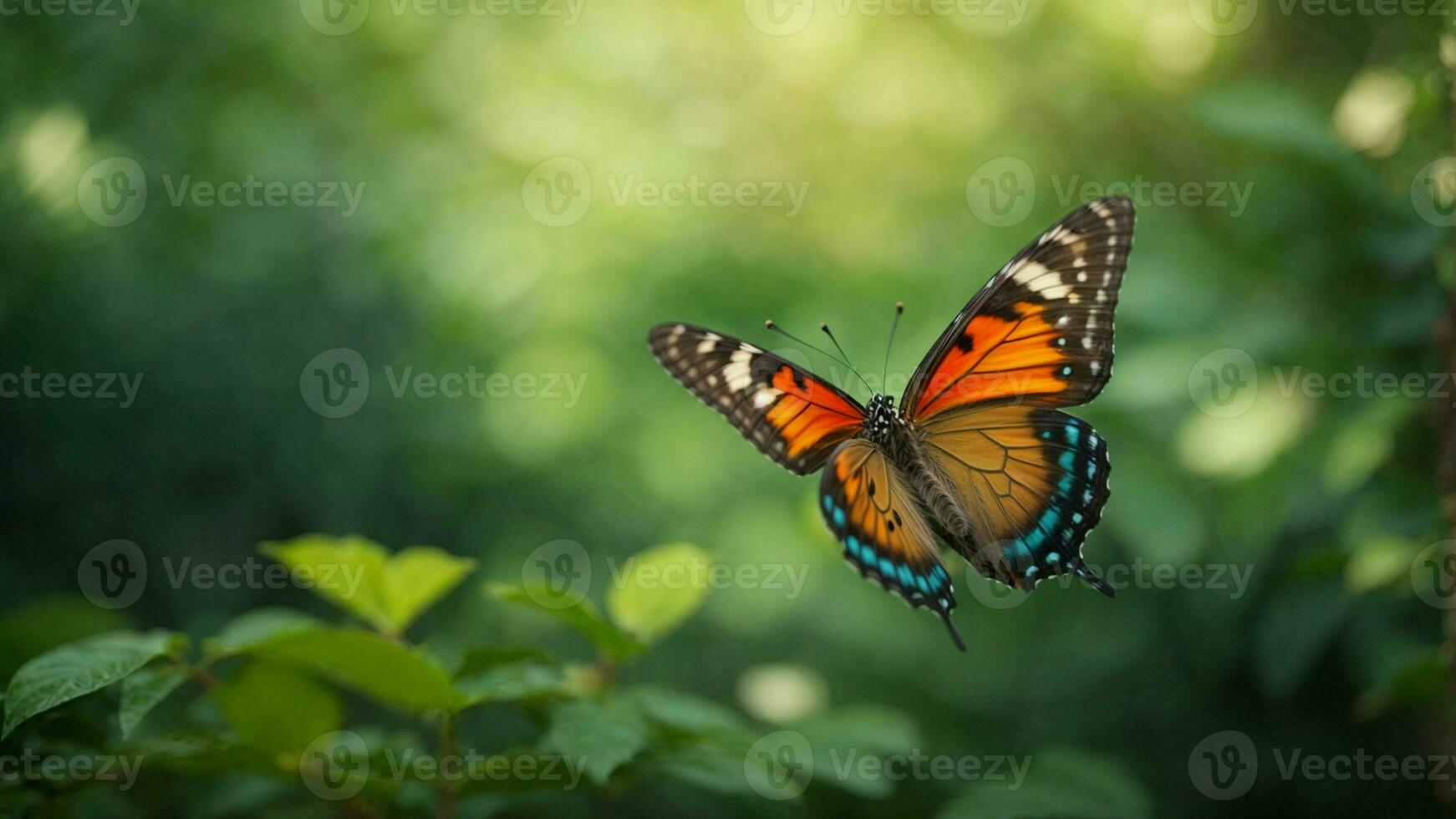 Nature background with a beautiful flying butterfly with green forest AI Generative photo