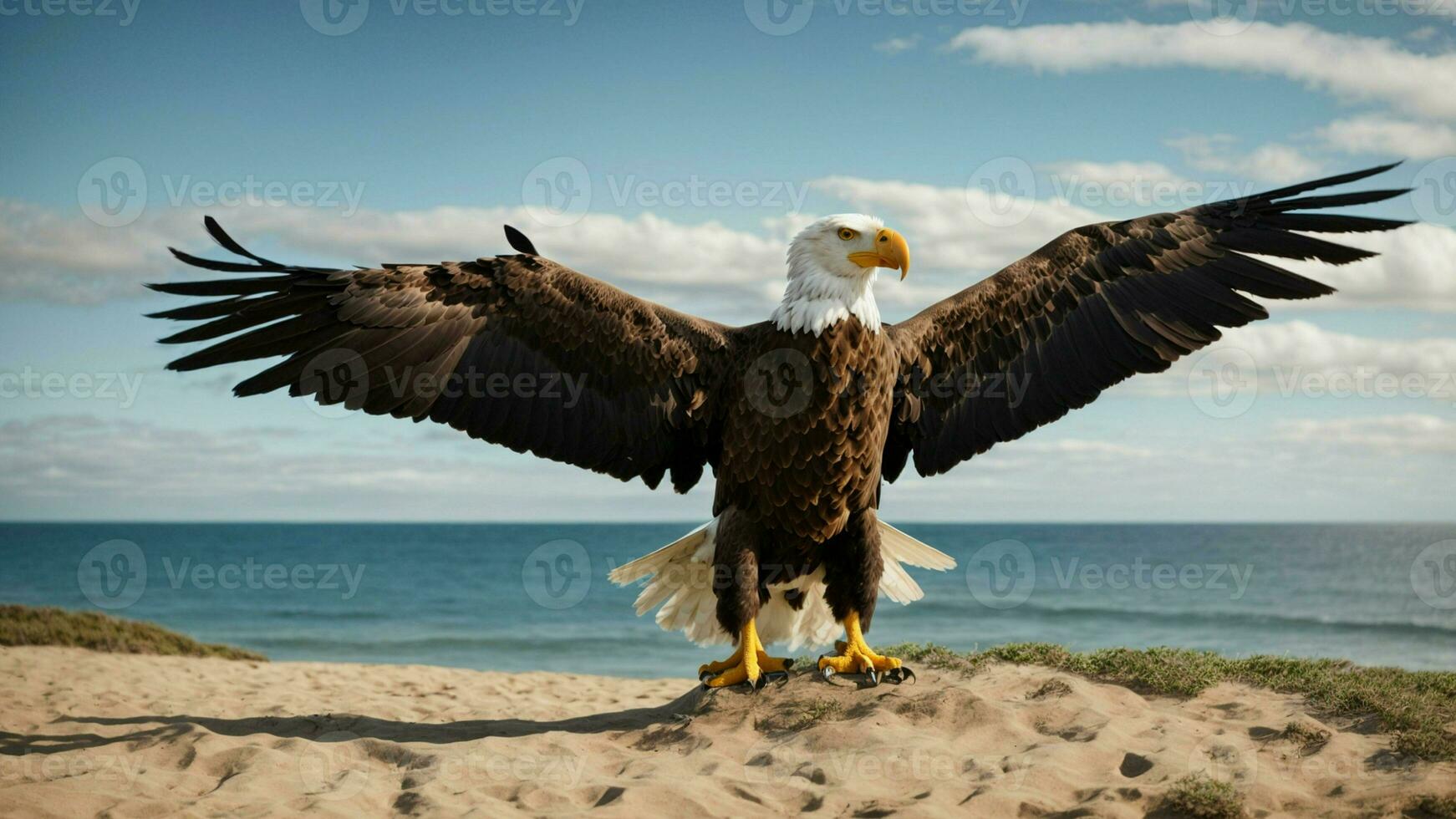 un hermosa verano día con azul cielo y un solitario de Steller mar águila terminado el playa ai generativo foto