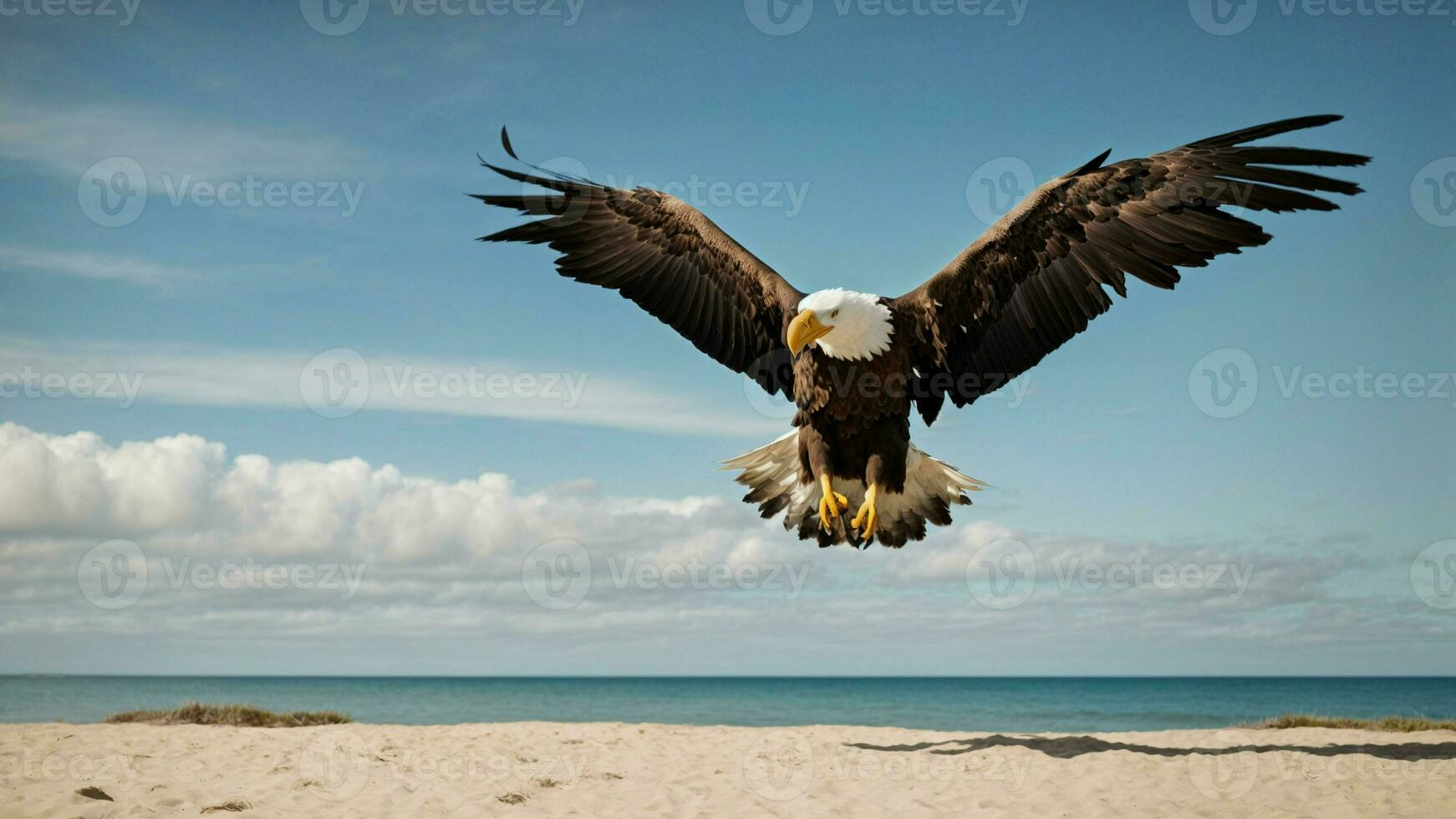 A beautiful summer day with blue sky and a lone Steller's sea eagle over the beach AI Generative photo