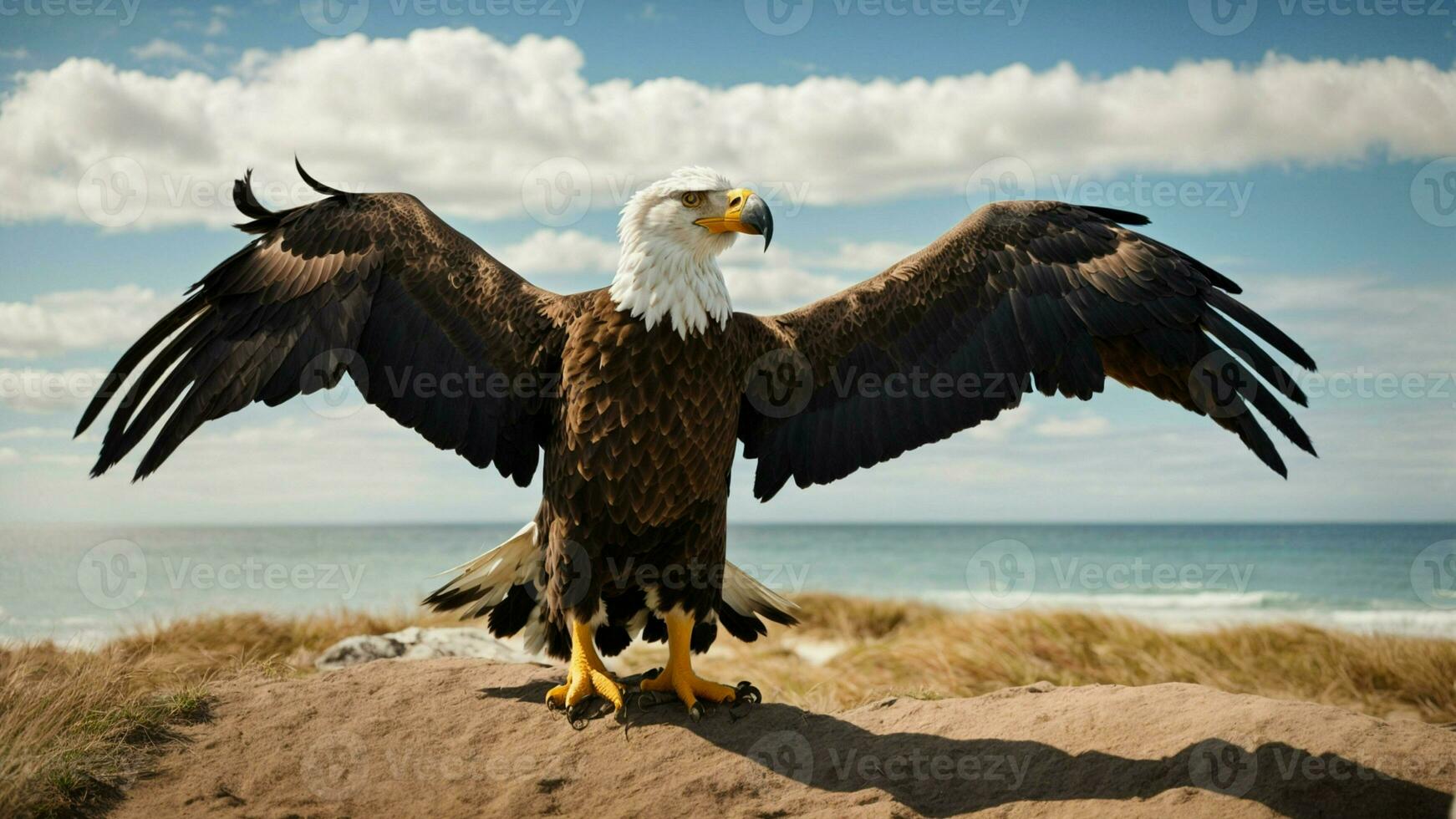 un hermosa verano día con azul cielo y un solitario de Steller mar águila terminado el playa ai generativo foto