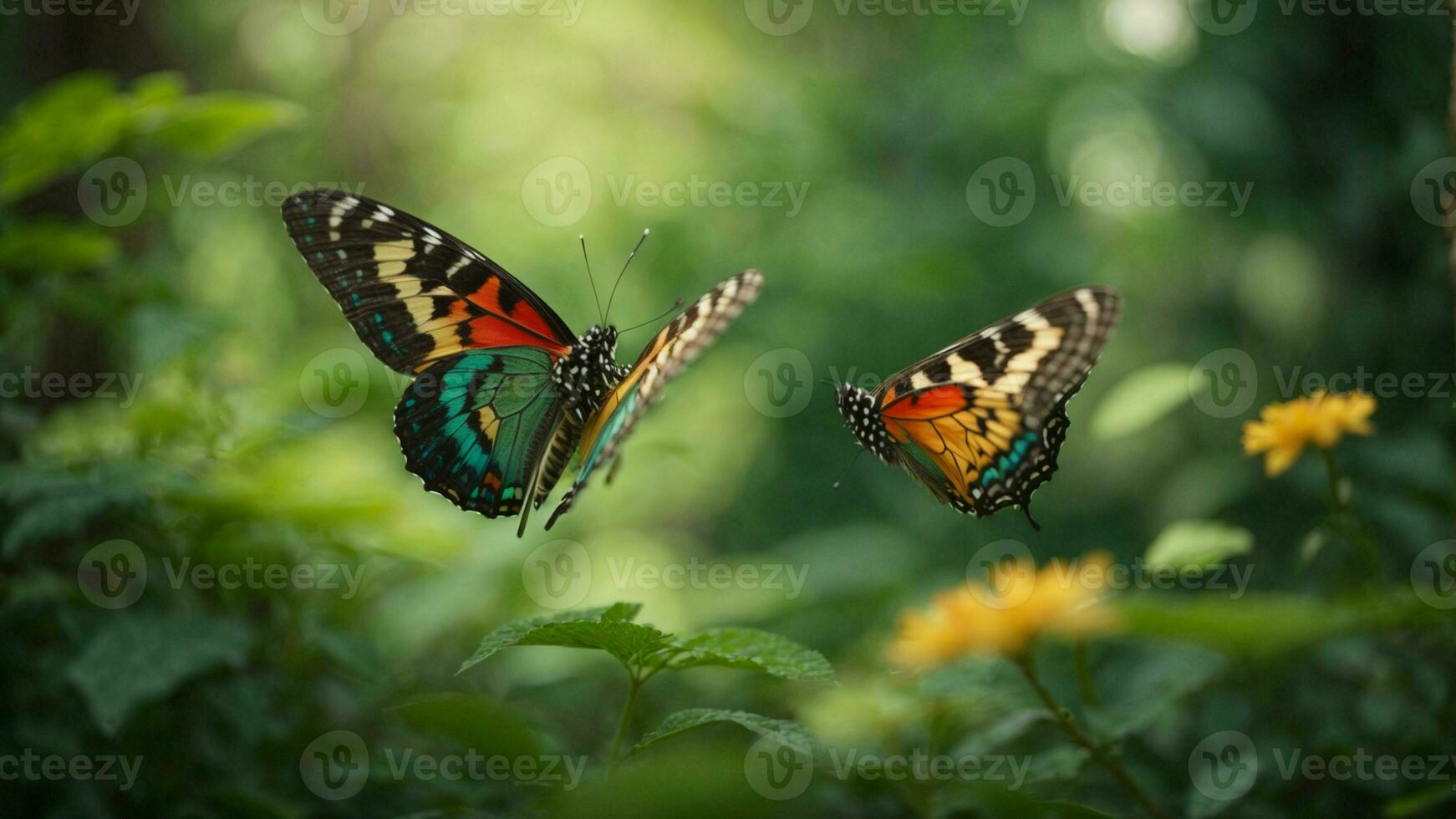 Nature background with a beautiful flying butterfly with green forest AI Generative photo