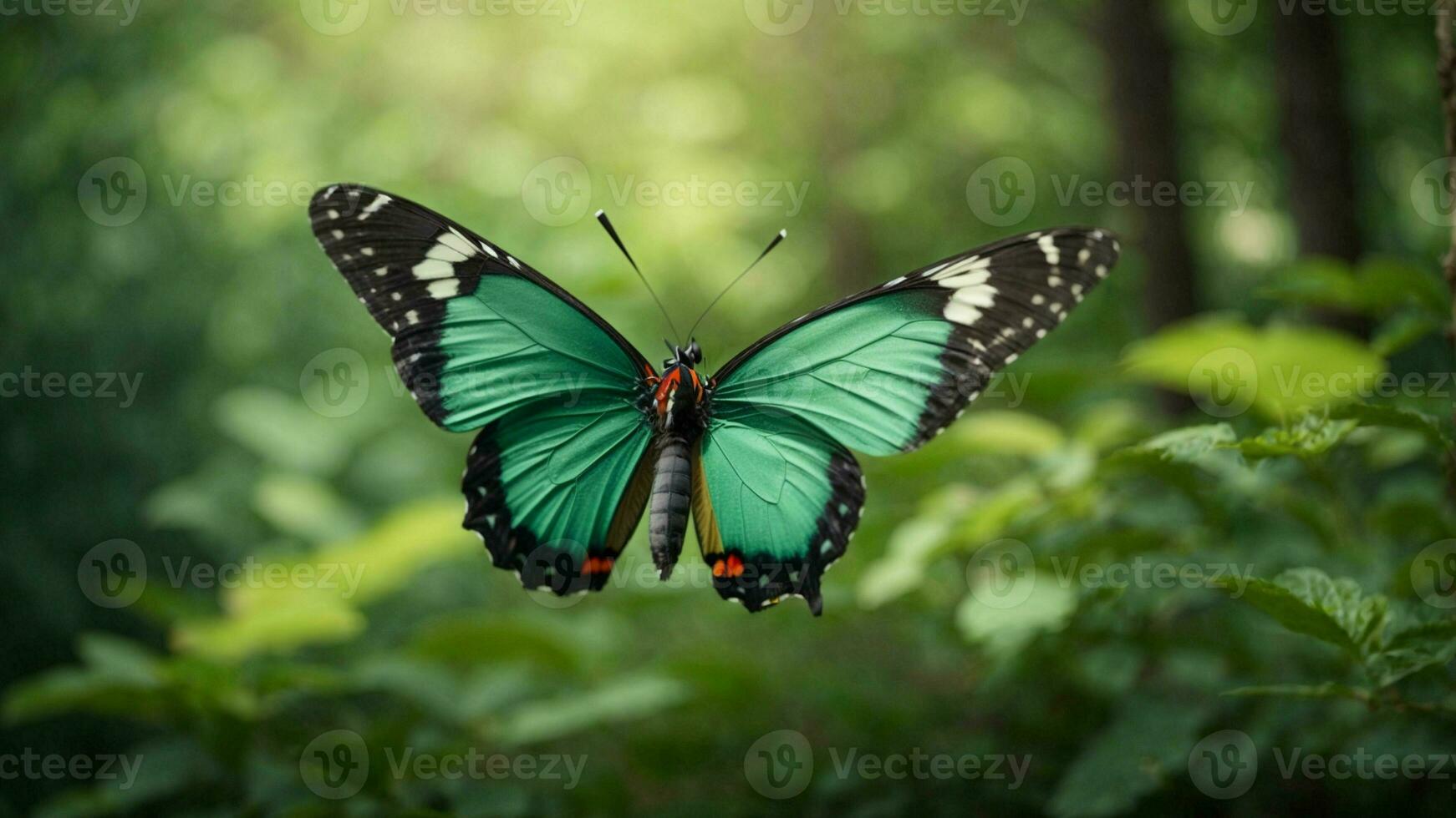 naturaleza antecedentes con un hermosa volador mariposa con verde bosque ai generativo foto