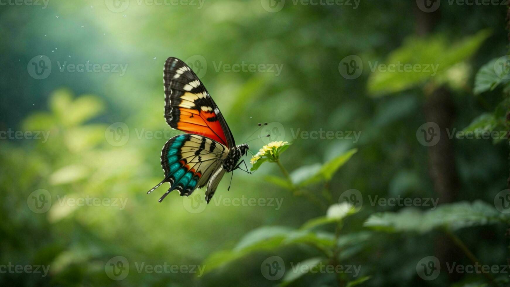 naturaleza antecedentes con un hermosa volador mariposa con verde bosque ai generativo foto