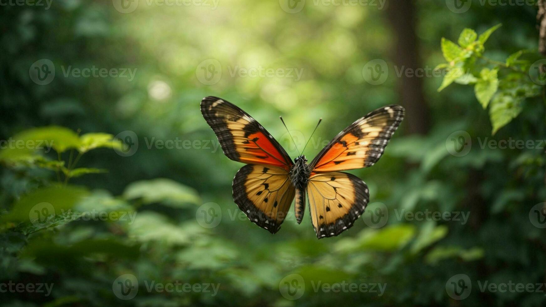 Nature background with a beautiful flying butterfly with green forest AI Generative photo