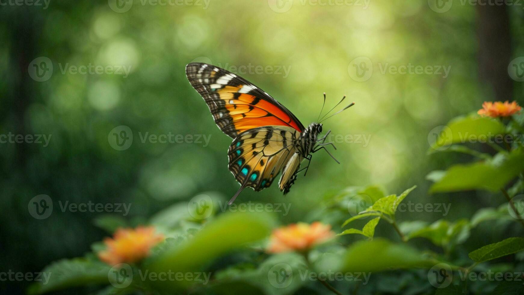 naturaleza antecedentes con un hermosa volador mariposa con verde bosque ai generativo foto