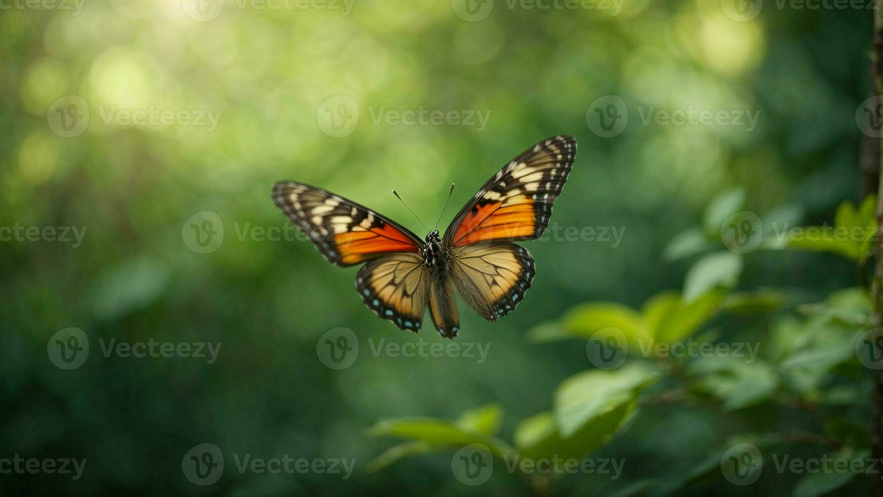 Nature background with a beautiful flying butterfly with green forest AI Generative photo