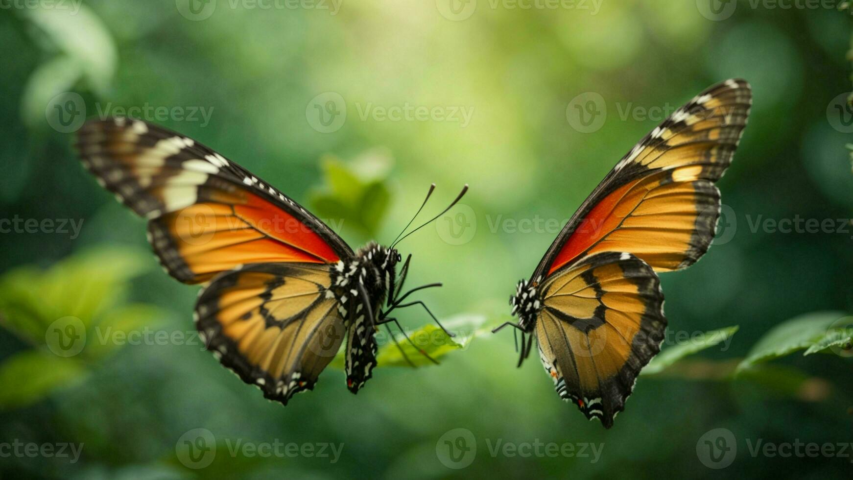Nature background with a beautiful flying butterfly with green forest AI Generative photo
