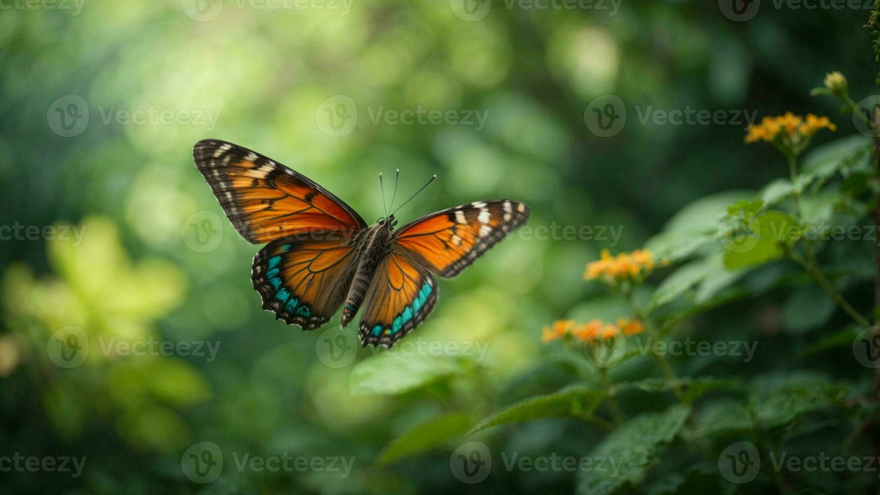 Nature background with a beautiful flying butterfly with green forest AI Generative photo