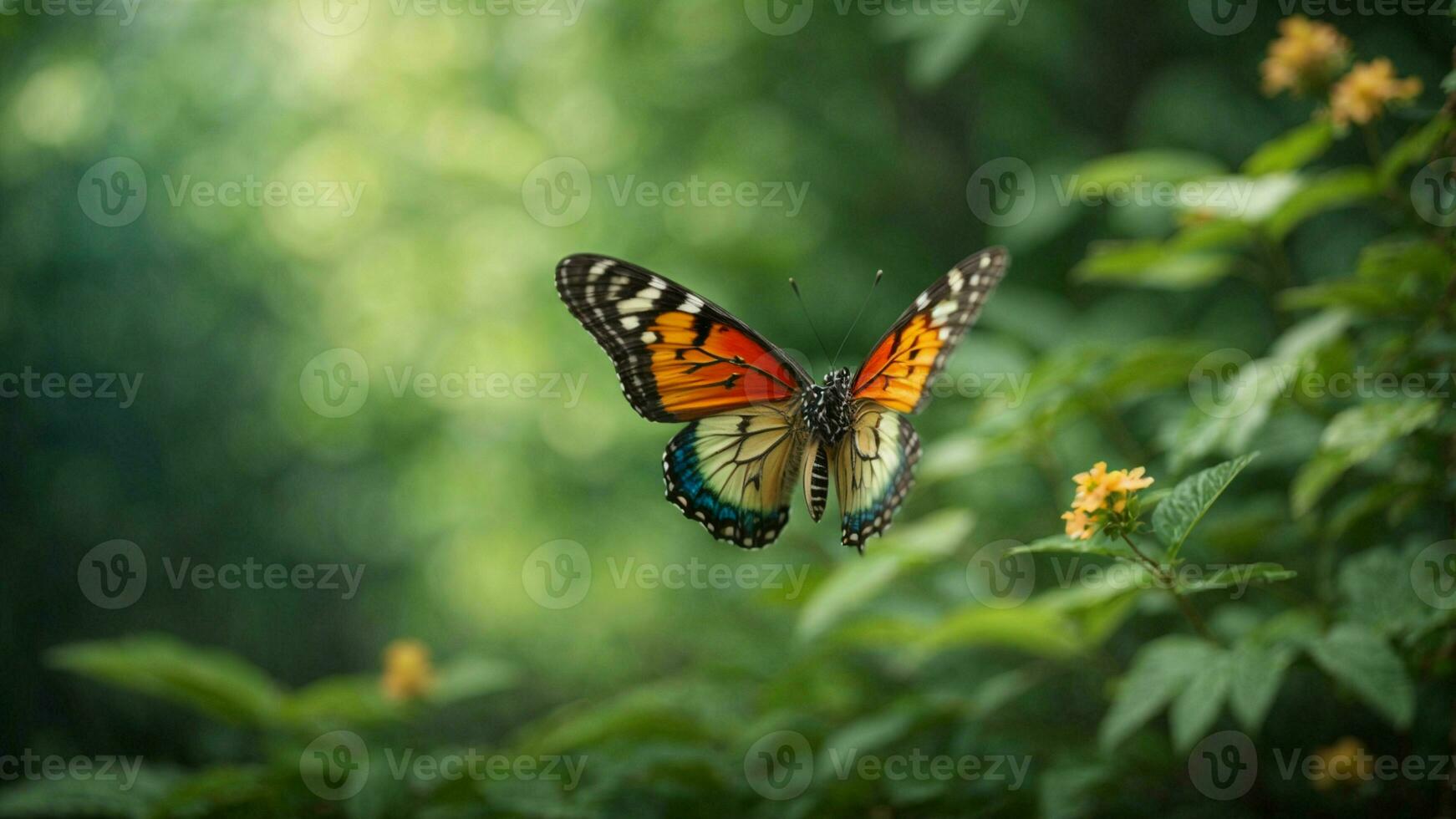 Nature background with a beautiful flying butterfly with green forest AI Generative photo