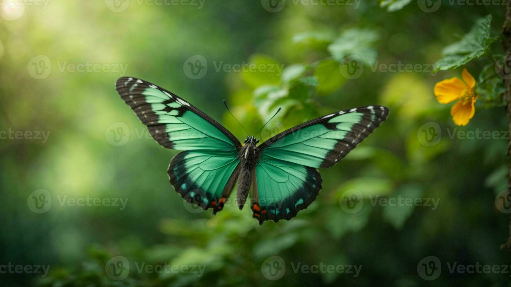 Nature background with a beautiful flying butterfly with green forest AI Generative photo