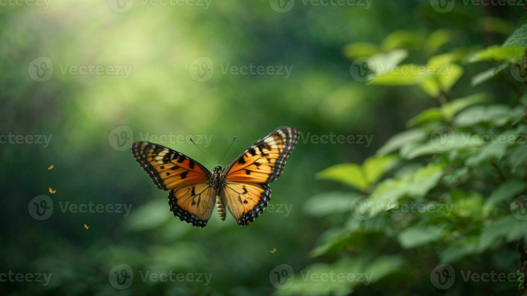 Nature background with a beautiful flying butterfly with green forest AI Generative photo