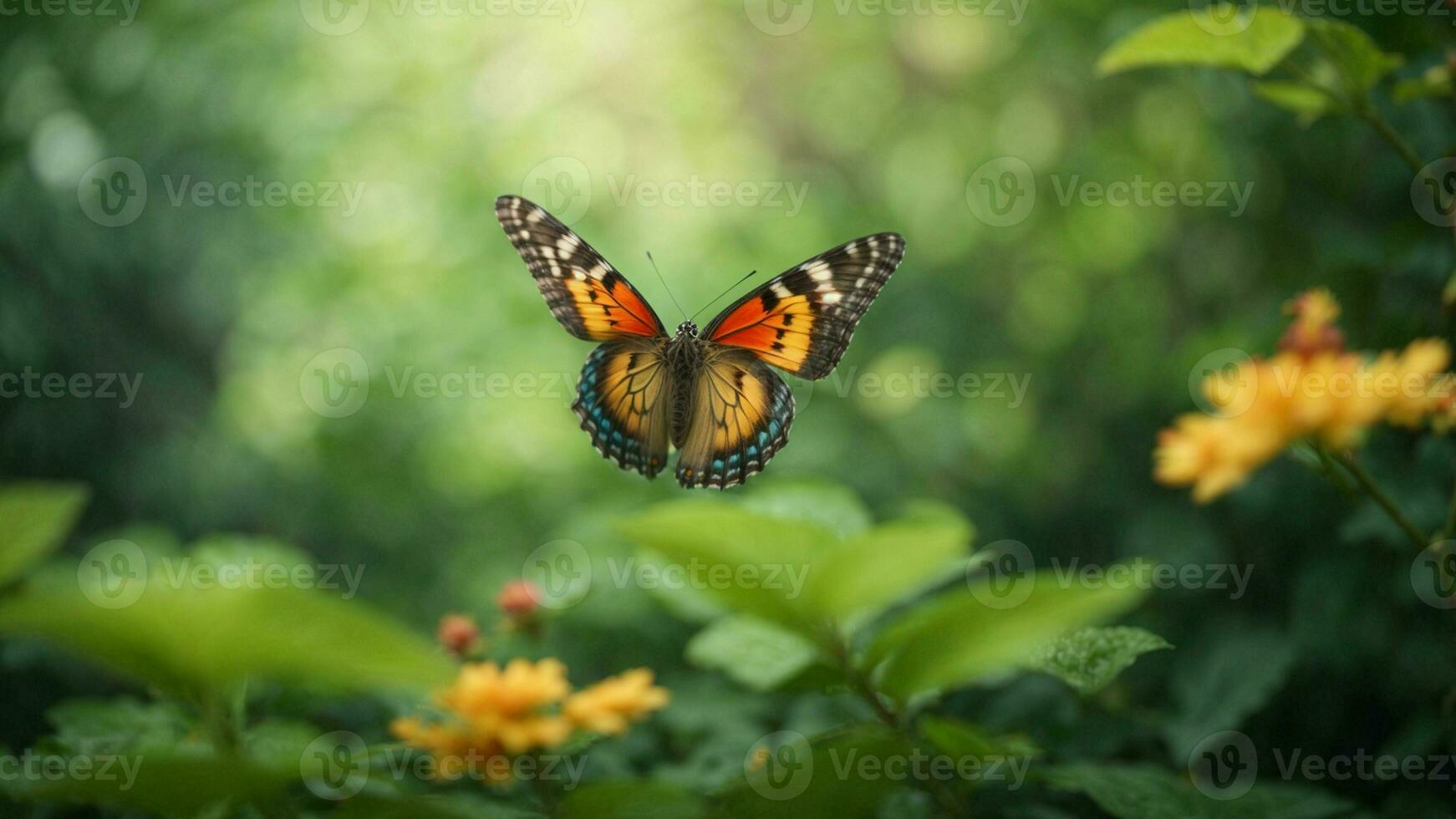 naturaleza antecedentes con un hermosa volador mariposa con verde bosque ai generativo foto