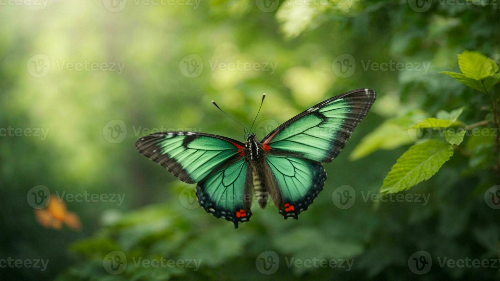 Nature background with a beautiful flying butterfly with green forest AI Generative photo