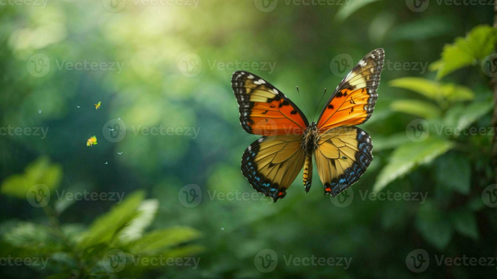 Nature background with a beautiful flying butterfly with green forest AI Generative photo