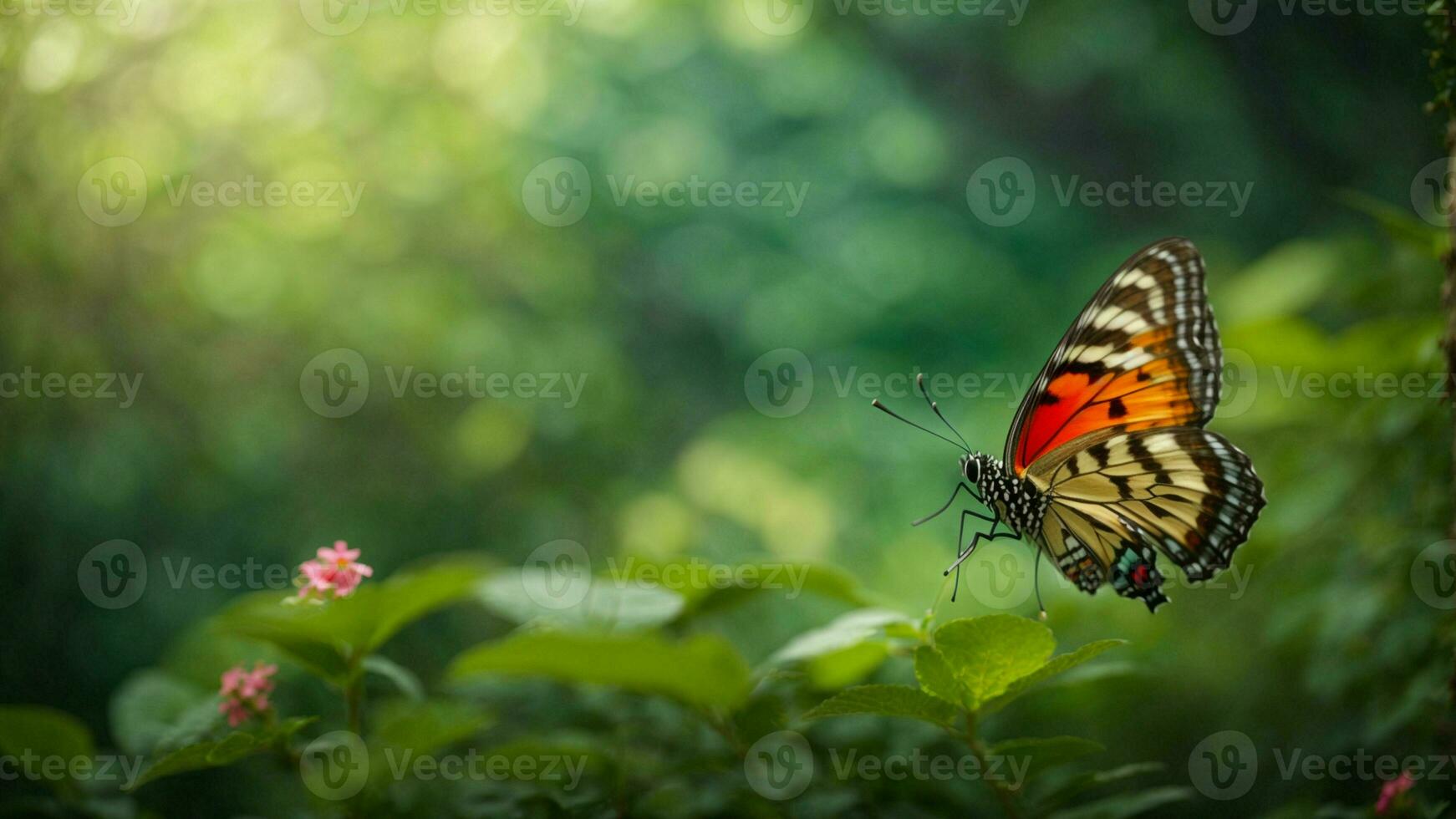 Nature background with a beautiful flying butterfly with green forest AI Generative photo