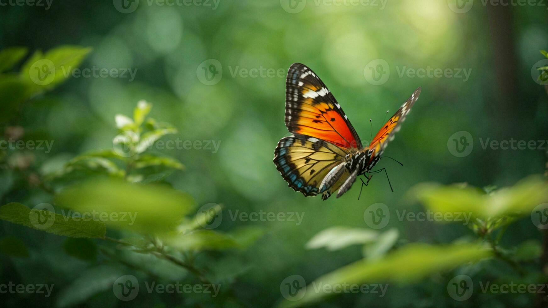 Nature background with a beautiful flying butterfly with green forest AI Generative photo