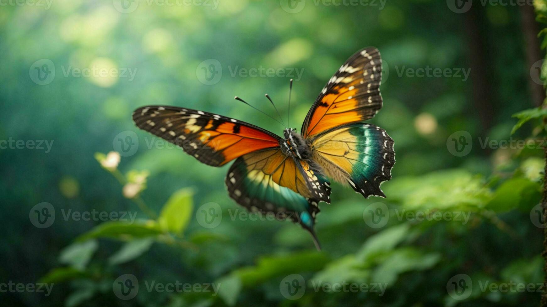 Nature background with a beautiful flying butterfly with green forest AI Generative photo