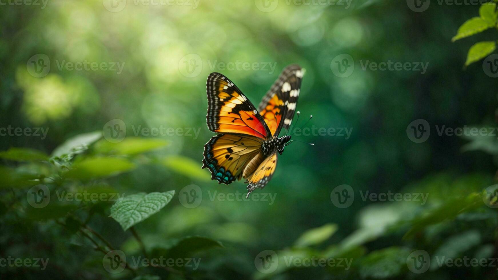 Nature background with a beautiful flying butterfly with green forest AI Generative photo