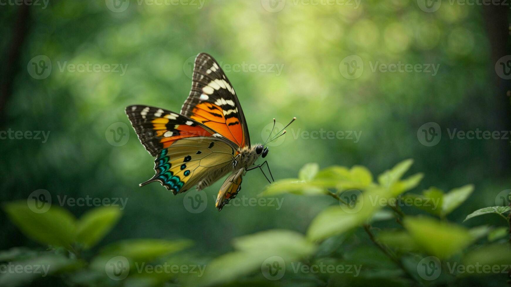 Nature background with a beautiful flying butterfly with green forest AI Generative photo