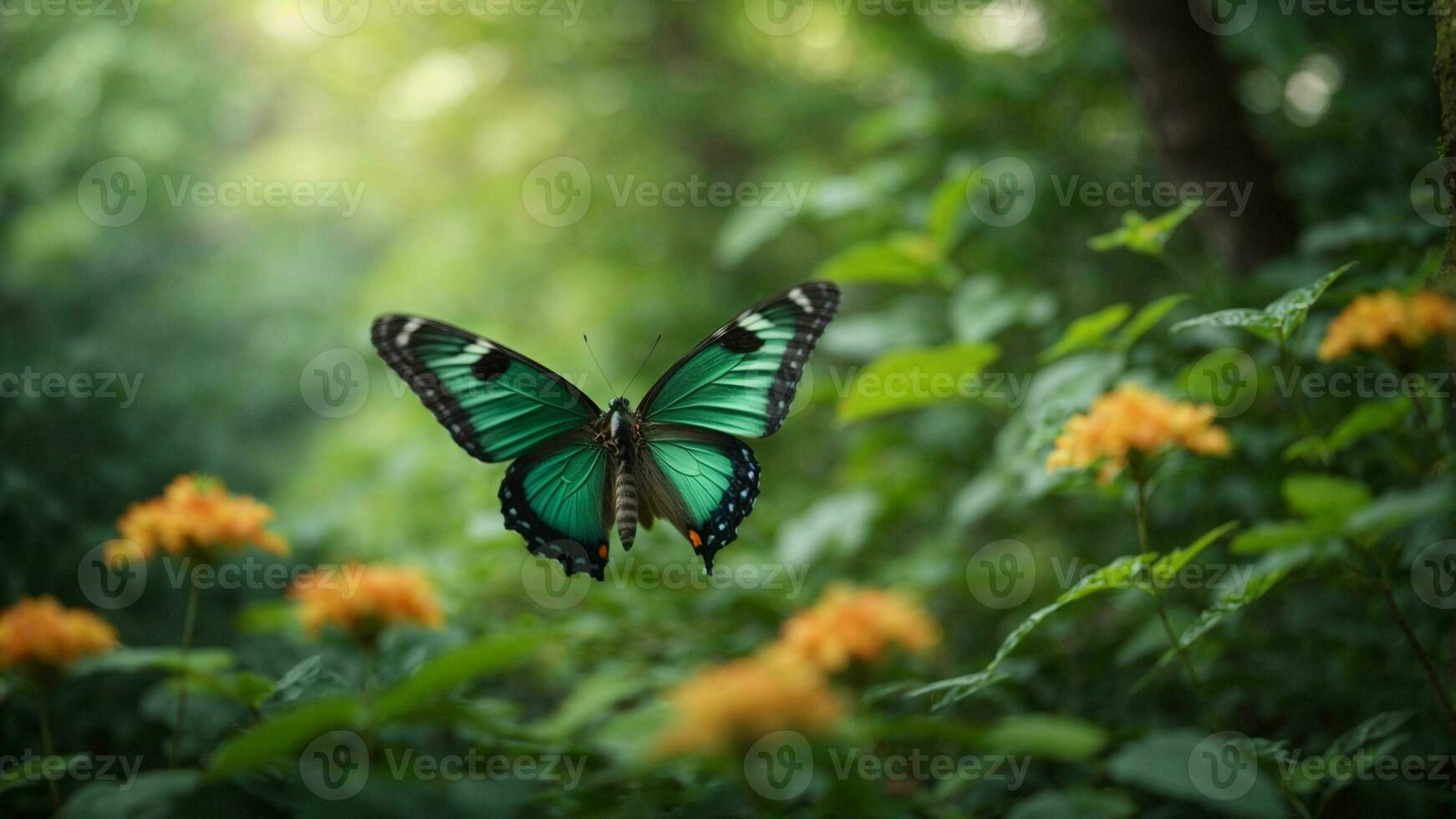 Nature background with a beautiful flying butterfly with green forest AI Generative photo