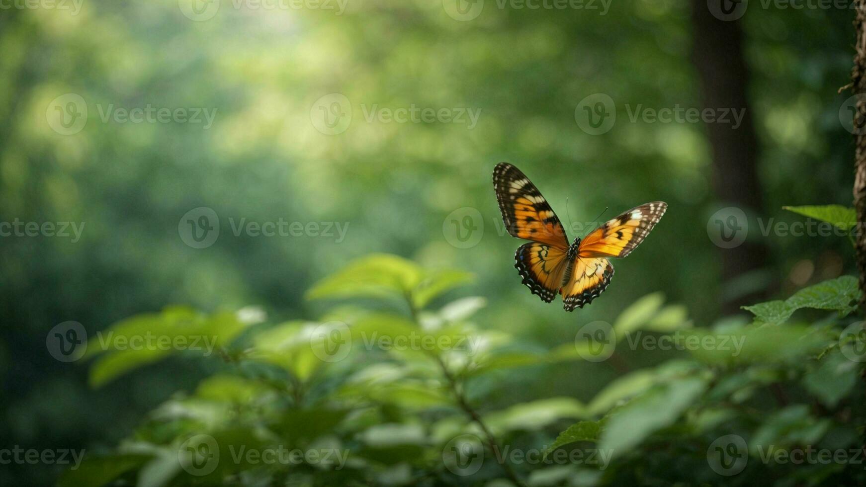 naturaleza antecedentes con un hermosa volador mariposa con verde bosque ai generativo foto