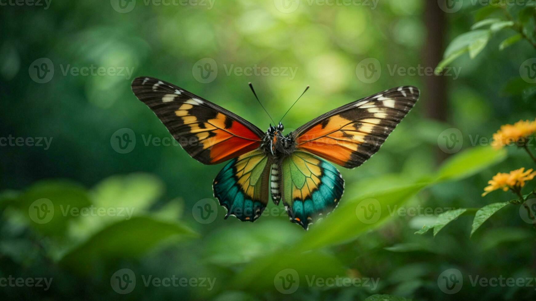 Nature background with a beautiful flying butterfly with green forest AI Generative photo