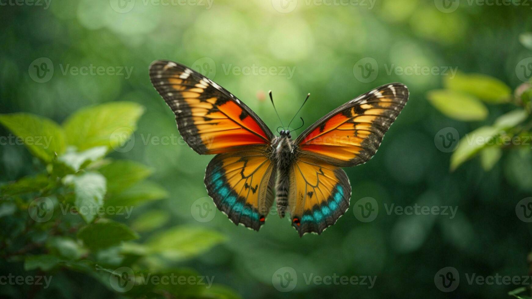 Nature background with a beautiful flying butterfly with green forest AI Generative photo