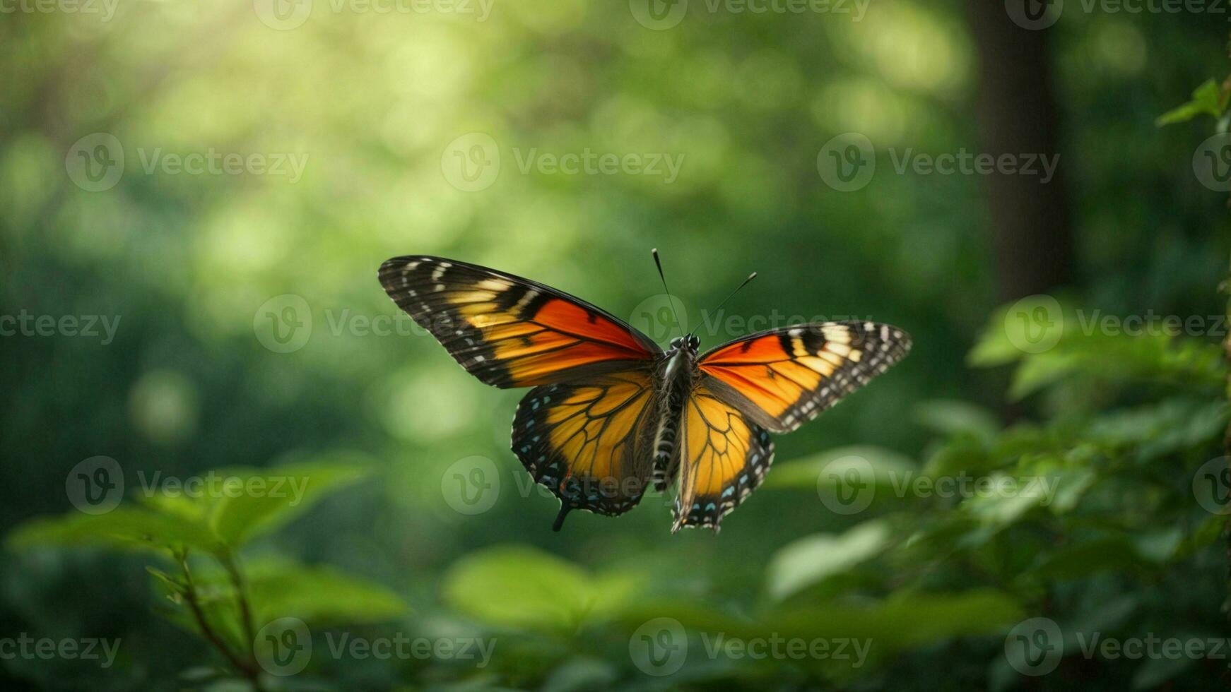 Nature background with a beautiful flying butterfly with green forest AI Generative photo