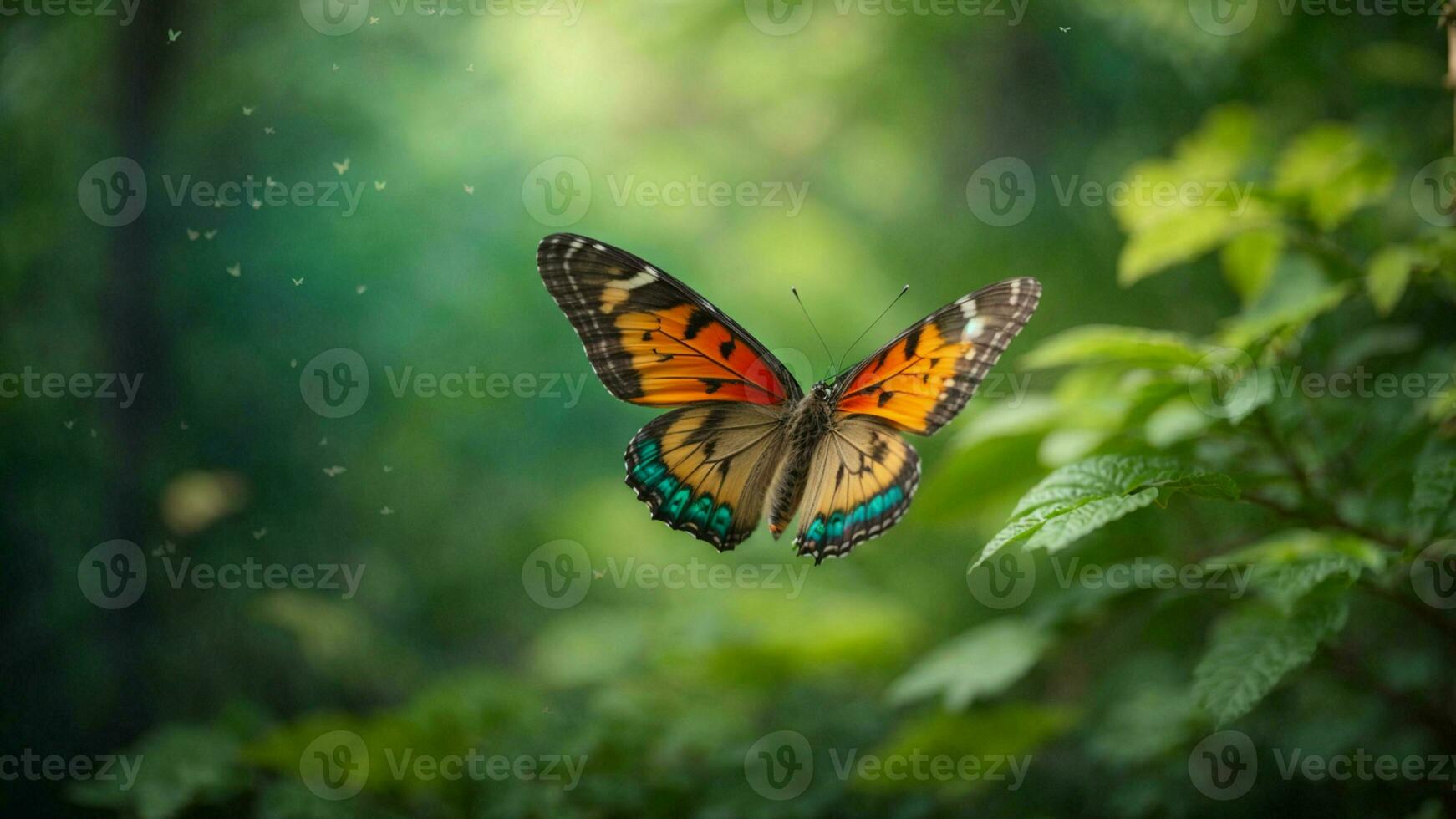 Nature background with a beautiful flying butterfly with green forest AI Generative photo