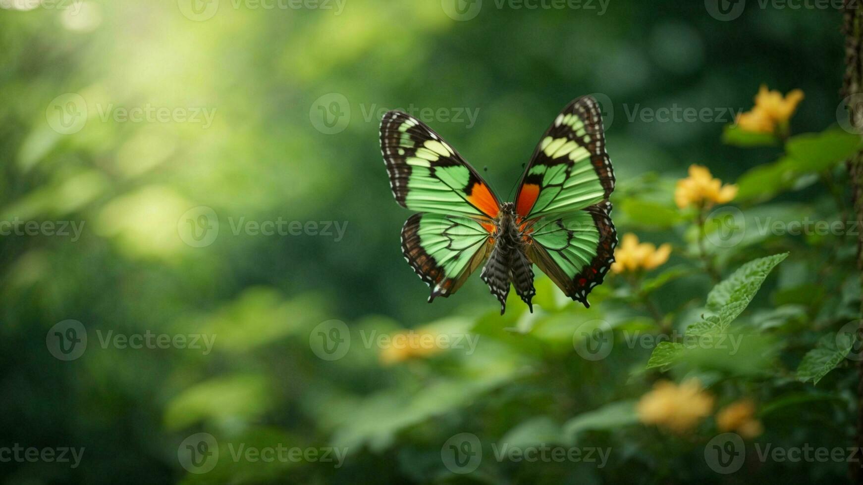 Nature background with a beautiful flying butterfly with green forest AI Generative photo
