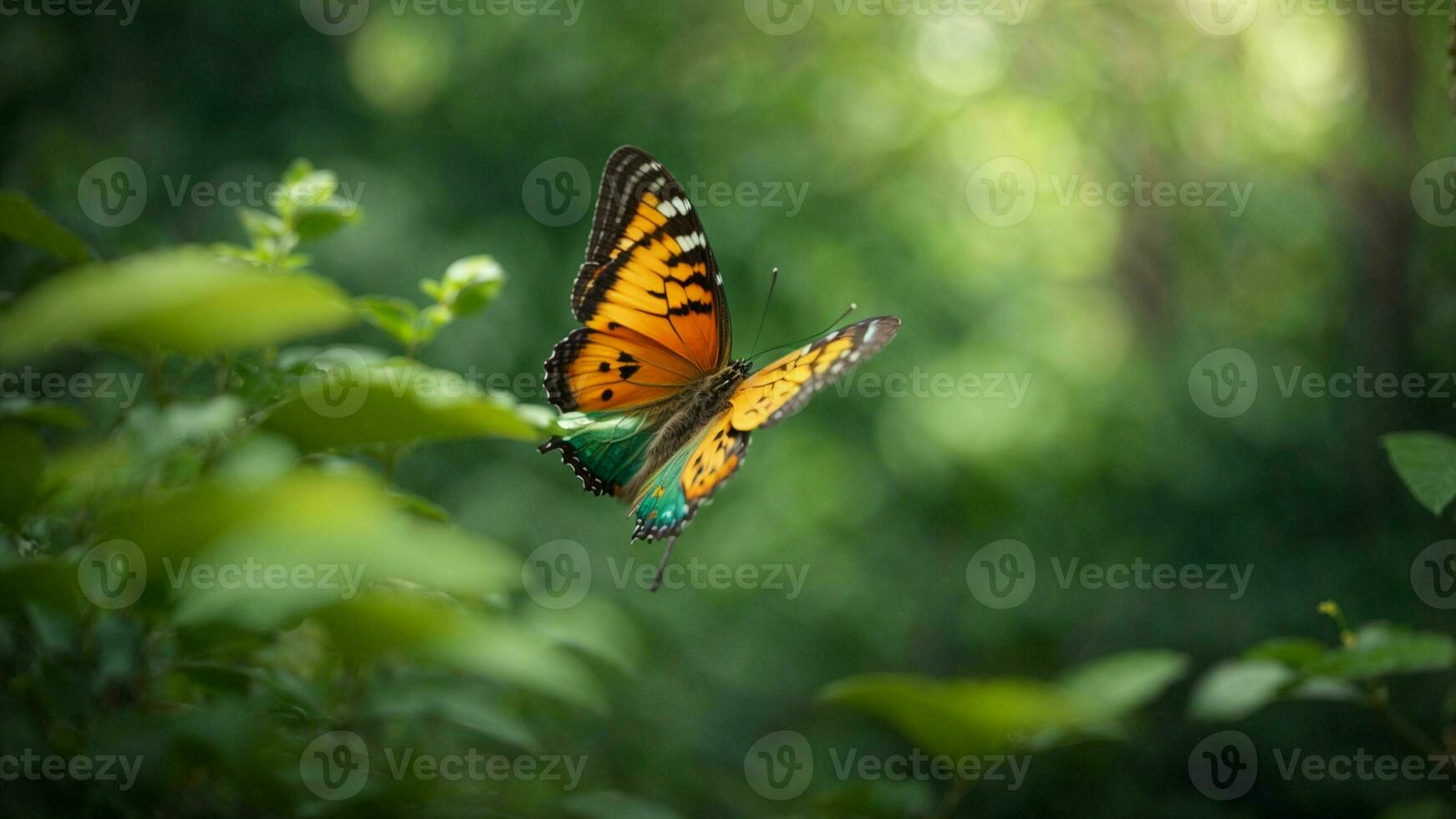 Nature background with a beautiful flying butterfly with green forest AI Generative photo