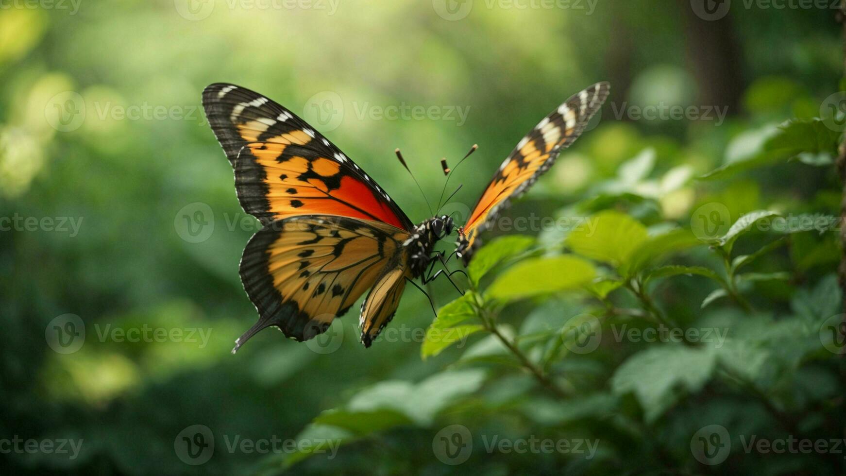 Nature background with a beautiful flying butterfly with green forest AI Generative photo