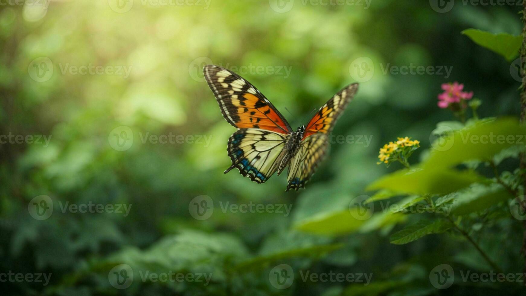 Nature background with a beautiful flying butterfly with green forest AI Generative photo