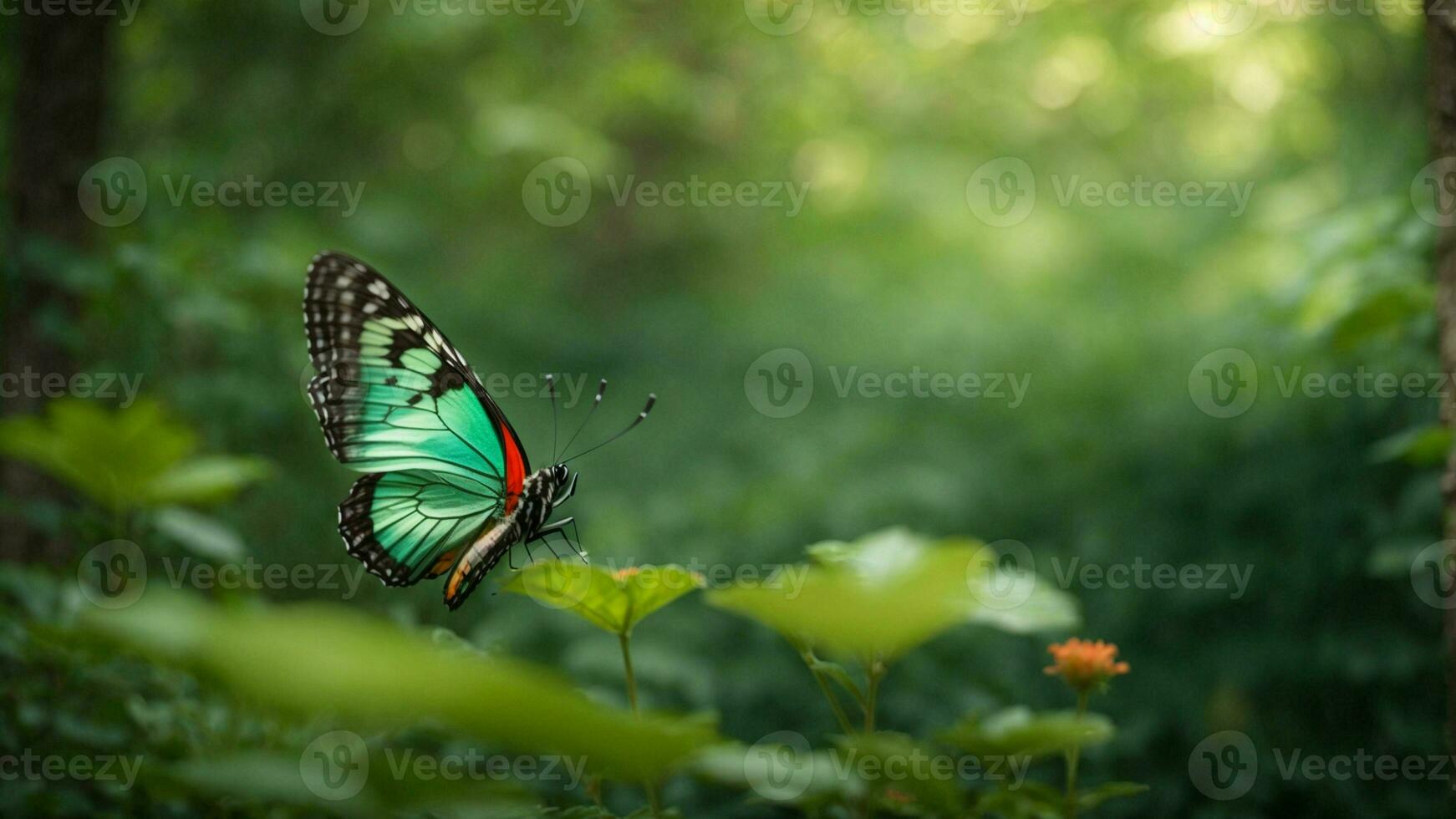 Nature background with a beautiful flying butterfly with green forest AI Generative photo