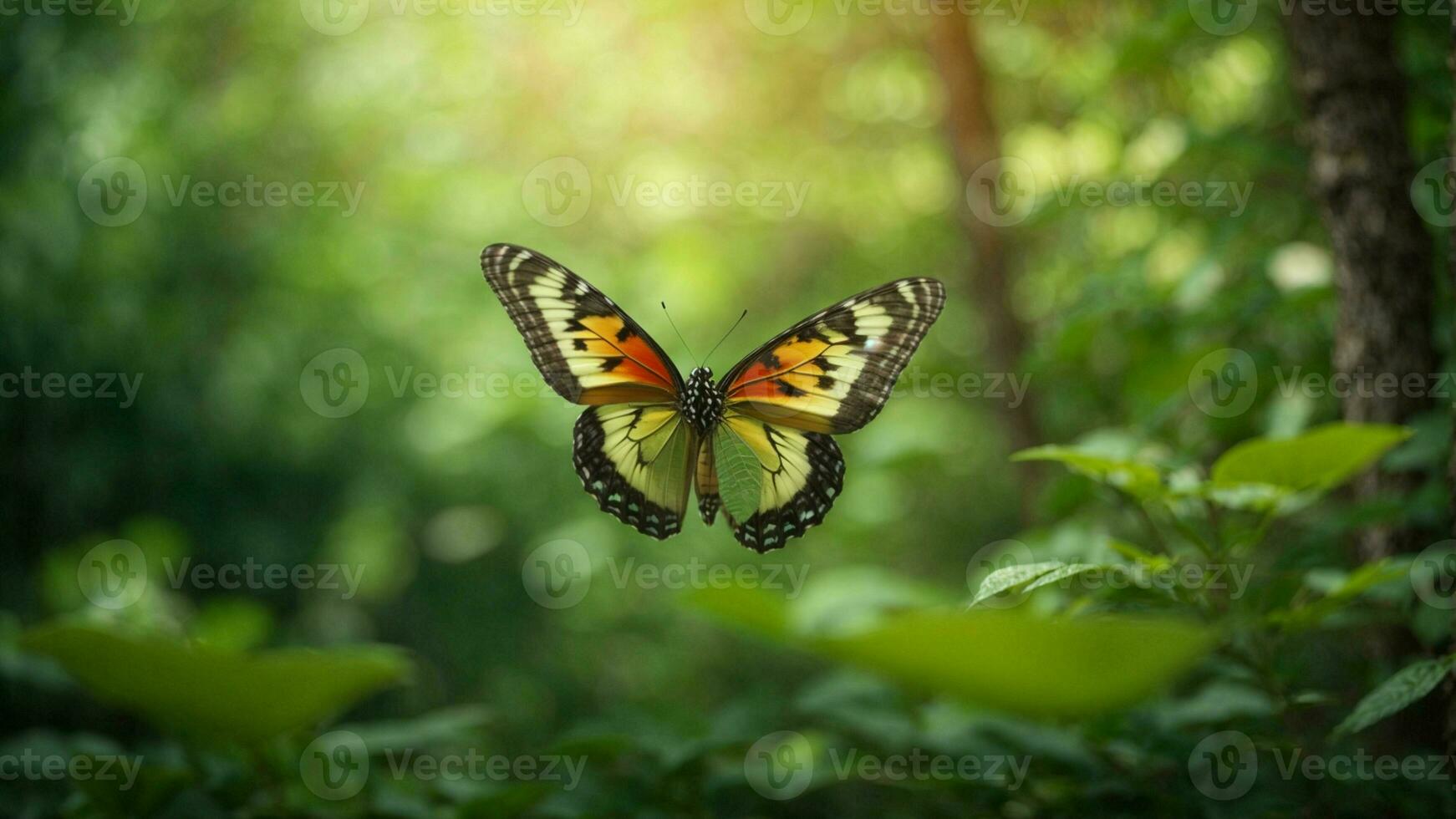 naturaleza antecedentes con un hermosa volador mariposa con verde bosque ai generativo foto