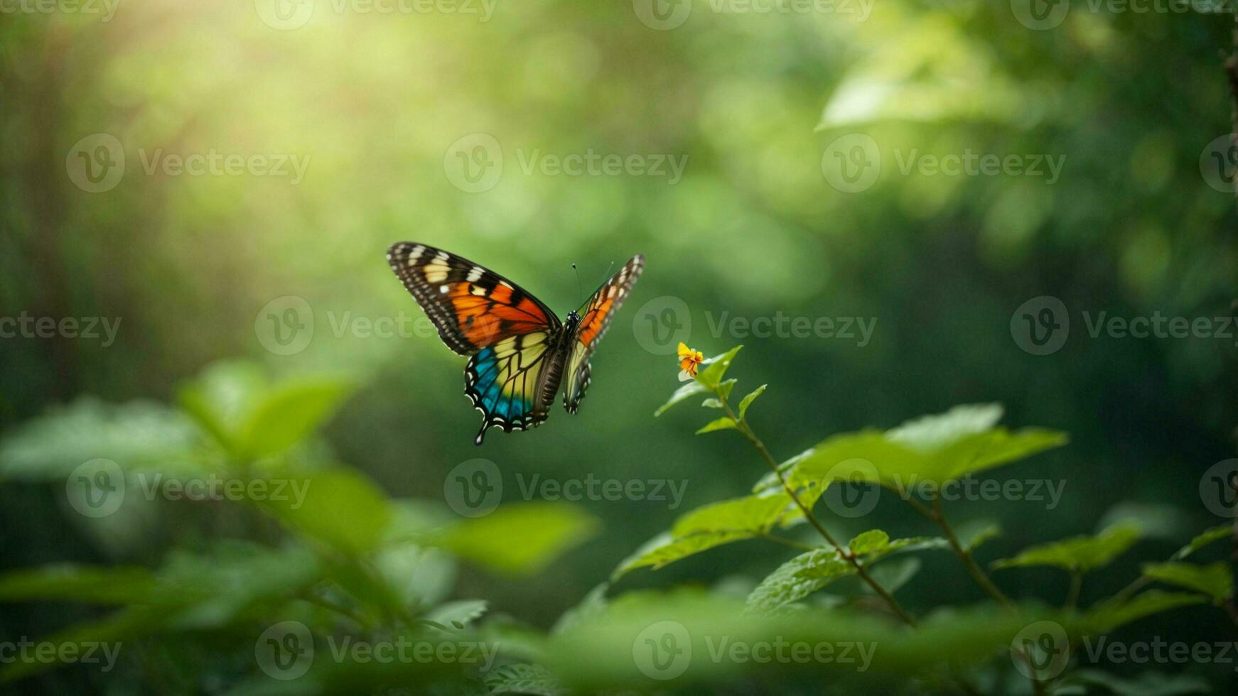 Nature background with a beautiful flying butterfly with green forest AI Generative photo