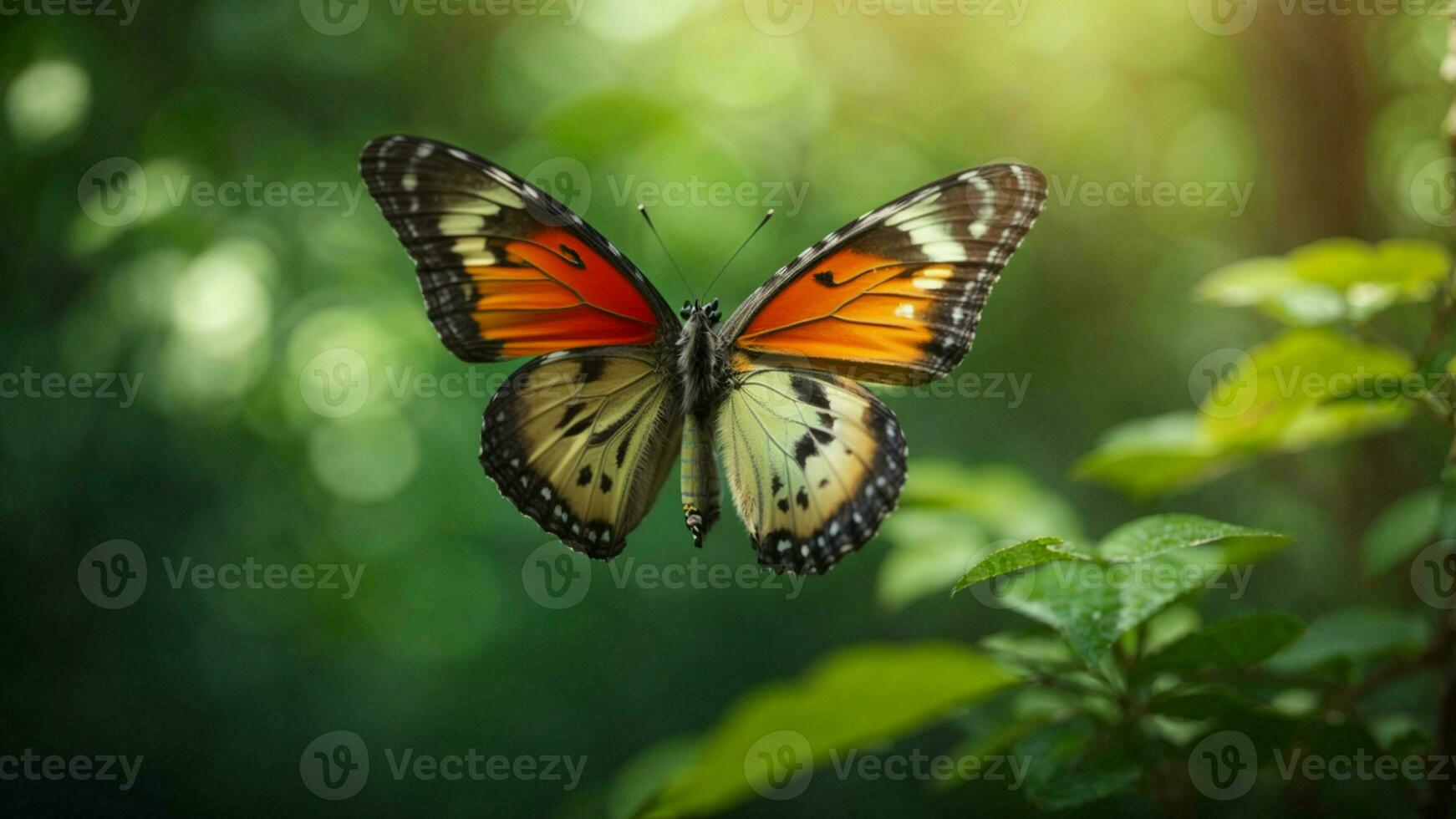 naturaleza antecedentes con un hermosa volador mariposa con verde bosque ai generativo foto